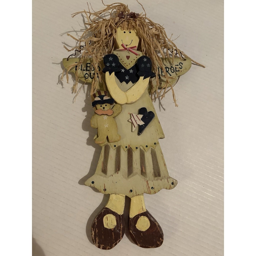 Primitive/Rustic Wooden Angel Patriotic Theme Wall Hanging 4th Of July